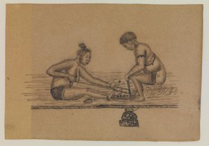 Illustratie voor een Inuit-legende (twee naakte personen maken vuur) door Kaarale Andreassen