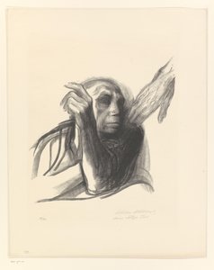 Käthe Kollwitz als oude vrouw met hand op de schouder
