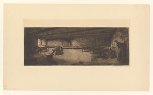 Kamer met vechtende mannen en een toesnellende vrouw door Käthe Kollwitz