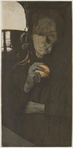 Portret van een onbekende vrouw met sinaasappel bij een lamp door Käthe Kollwitz