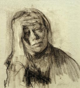 Zelfportret met opgeheven rechterarm, hand aan het voorhoofd door Käthe Kollwitz