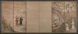 Feestviering onder aroniabloesems. Rechts van een paar zesdelige vouwschermen, 18e eeuw door Kano Isenin Naganobu