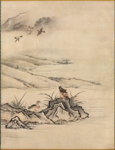 Bloemen en vogels in een lentelandschap, 1500s door Kano Motonobu