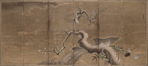 Winterscène met pruimenbomen en fazanten vogels links, begin 1600s