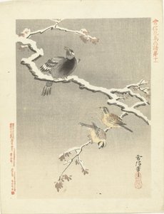 Drie vogels op besneeuwde tak door Kano Tsunenobu