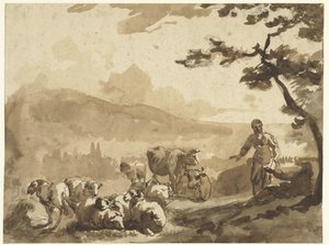 Berglandschap met herders bij hun kudde schapen en koeien