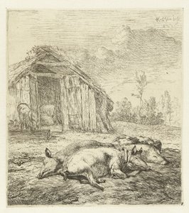 Drie varkens voor een hok door Karel Du Jardin