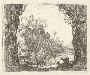 Landschap geflankeerd door bomen in de linker- en rechtervoorgrond, silhouetten van twee geiten door Karel Du Jardin