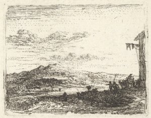 Landschap met hoek van gebouw en luifel uiterst rechts, twee figuren en een paard, ca. 1641-78 door Karel Du Jardin