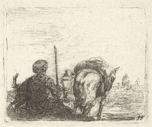 Pakpaard, zittende man met staf in rechterhand, en hond, allemaal van achteren gezien..., ca. 1641-78 door Karel Du Jardin