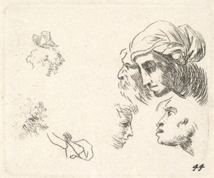 Studie van hoofden in profiel, een vrouw met hoofddoek en een bebaarde man wiens hoofden ..., ca. 1641-78 door Karel Du Jardin