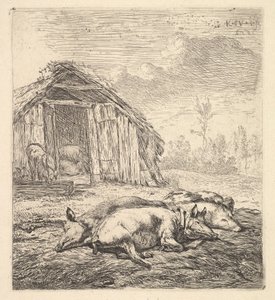 Drie Varkens die op hun Zij Liggen, een Varkensstal en Voederbak op de Achtergrond door Karel Du Jardin