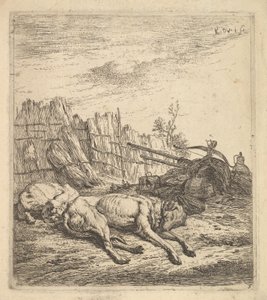 Twee honden slapend op de grond, een ploeg, landbouwgereedschap, bundels stro, en een..., ca. 1641-78