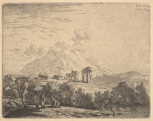 Uitzicht op heuvel met ruïnes, een aquaduct en bergtop daarachter, op de voorgrond een m..., 1658