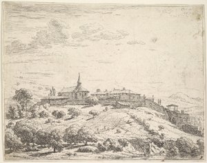 Ommuurd dorp op een heuvel, met kerk links en gebouwen gebouwd op de helling, 1658 door Karel Du Jardin