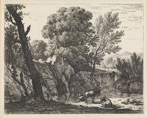 Landschap met man en twee ezels door Karel Dujardin
