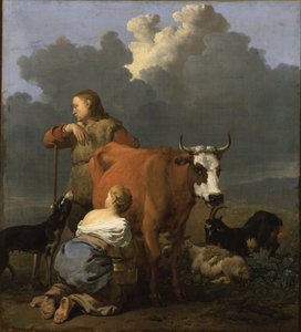 Boerenmeisje dat een koe melkt door Karel Dujardin