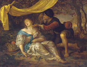 Een herder knielt over een slapende dame onder een baldakijn in een bosrijk landschap door Karel de Moor