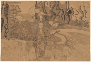 Allegorische voorstelling met figuren en een pauw in een tuin door Karel de Nerée tot Babberich (signed by artist)