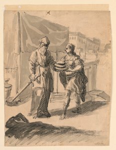 Tekening, Figuur presenteert broden aan een generaal, ca. 1650