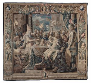 Cleopatra vermaakt Antony; wandtapijt door Karel van II Mander