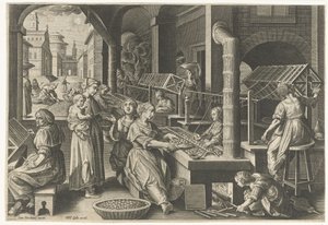 Haspelen van de zijde (Introductie van de zijderups en de zijdeproductie in Europa) (Vermis Sericus) door Karel van Mallery