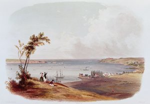 Toegang tot de Baai van New York, Staten Island, gegraveerd door Salathe (kleur litho) door Karl Bodmer
