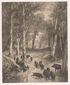 Groep zwijnen op de vlucht voor twee jagers te paard door Karl Bodmer