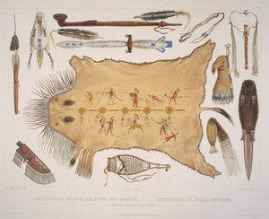 Indiase gebruiksvoorwerpen en wapens, gegraveerd door A. Zschokke en J. Hurliman, gepubliceerd in 1840