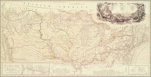 Kaart ter illustratie van de route van prins Maximiliaan van Wied in het binnenland van Noord-Amerika van Boston naar de Boven-Missouri door Karl Bodmer