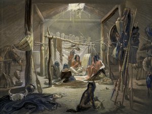 Het interieur van een hut van een Mandan-hoofdman, plaat 19 uit Volume 2 van Reizen in het Binnenland van Noord-Amerika, gegraveerd door Narcisse Desmadryl, 1844 (detail)