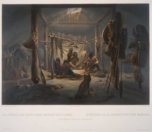 Het interieur van de hut van een Mandan-hoofdman door Karl Bodmer