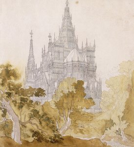 Een Gotische Kathedraal bij Bomen; Eine Gotische Kathedrale hinter Baumen, 1814-15 door Karl Friedrich Schinkel