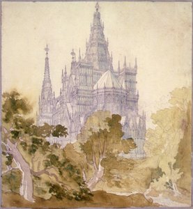 Een Bebost Landschap met een Gotische Kerk door Karl Friedrich Schinkel