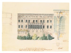 Een ontwerp voor een nieuwe trap voor de noordgevel van het Schloss in Stettin, met een aanvullende studie van de loggia, een dwarsdoorsnede van de gevel en een halfzuil, ca. 1840 door Karl Friedrich Schinkel