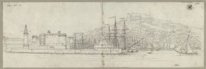 Gezicht op Napels met de haven, het Castel Nuovo, de vuurtoren en het Castel Sant