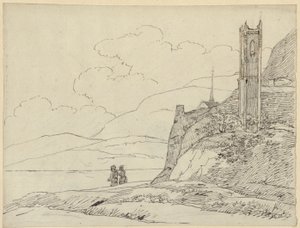 Berglandschap met torenruïnes en figuren door Karl Friedrich Schinkel