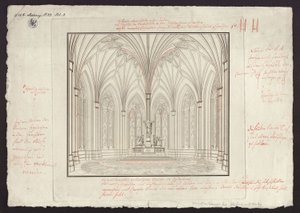 Berlijn, Spittelmarkt. Ontwerp voor de Gertraudkerk. Interieurzicht van het koor, met correcties door Karl Friedrich Schinkel