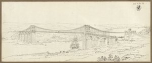 Gezicht op de hangbrug over de Menai Strait bij Bangor in Wales door Karl Friedrich Schinkel