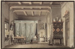 Faust. Drama van Johann Wolfgang von Goethe. Ontwerp voor een decor. Gretchens kamer door Karl Friedrich Schinkel