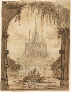 Gotische Kathedraal Achter een Vijver met Zwanen door Karl Friedrich Schinkel