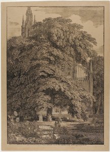Gotische kerk achter een eikenbos met graven door Karl Friedrich Schinkel