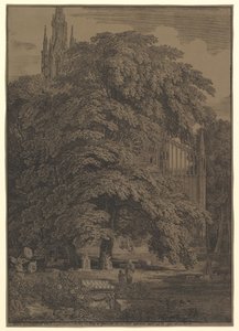 Gotische kerk verborgen door een boom door Karl Friedrich Schinkel