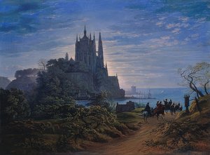 Gotische kerk op een rots aan zee
