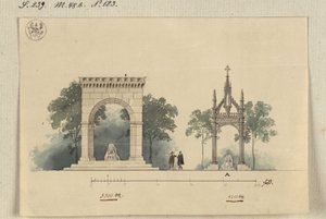 Lützen. Ontwerp voor een monument voor koning Gustaaf II Adolf van Zweden als aan vier zijden open zuilenhal en als tabernakel boven de Zweedse steen door Karl Friedrich Schinkel