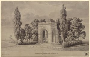 Lützen. Ontwerp voor een monument voor koning Gustaaf II Adolf van Zweden in de vorm van een romaanse hal boven de Zweedse Steen met aangebouwde apsis. Aanzicht door Karl Friedrich Schinkel