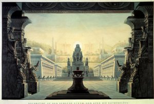 Theaterdecor: Decor voor de opera La flute enchante (Die Zauberflote) van Wolfgang Amadeus Mozart, op een libretto van Emanuel Schikaneder