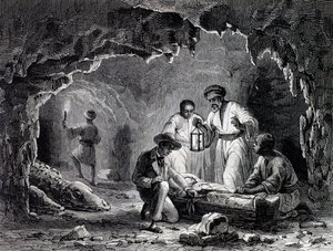 Archeologische ontdekkingen in grotten van Samoun, gravure gebaseerd op tekening door Karl Girardet