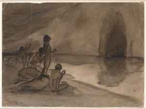 Naakte mensen aan de oever van Aurvangaland zien de boot met Heimdal komen