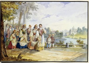 Russische boerinnen in feestjurk door Karl Ivanovich Kolmann
